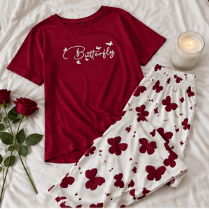 Maroon Small Butterfly Printed Night Suit