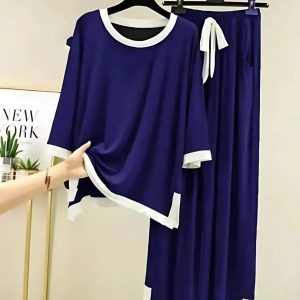Navy Blue White Round Neck Palazzo PJ Set