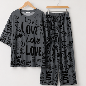 Charcoal Drop Shoulder Printed Night Suit
