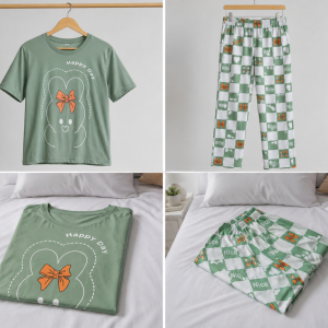 Olive Green Printed Night Suit