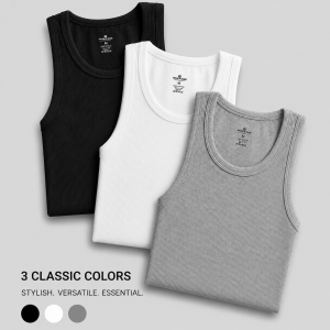Pack Of 3 Cotton ribbed vests ( 1 Black, 1 white,1 Grey)