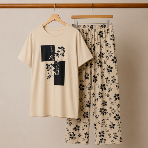 Cream Leaves Printed Night Suit Half Sleeves