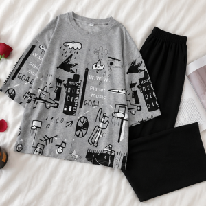 Grey Planet Music With Black Pajama Printed Night Suit