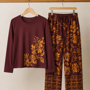 Maroon Leaves Printed Night Suit