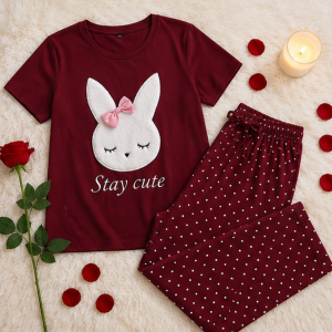 Maroon Stay Cute Printed Night Suit