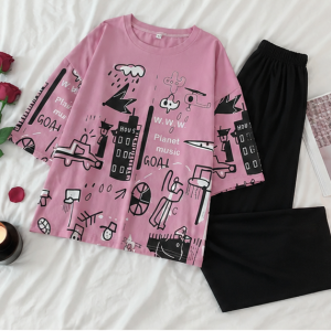 Pink Planet Music With Black Pajama Printed Night Suit