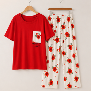 Red Pocket Flower printed Night Suit