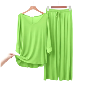 Lemon Green V-Neck Women Night Suit PJ Set