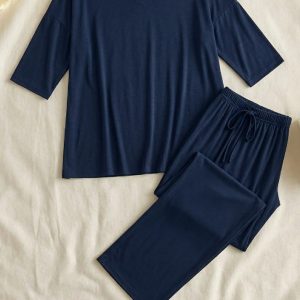 V-Neck Navy Blue Women Night Suit PJ Set