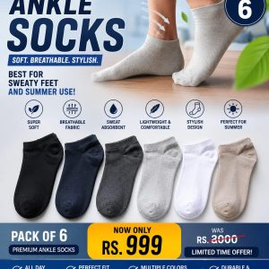 Premium Ankle Socks – Pack of 6 (Mixed Colors)