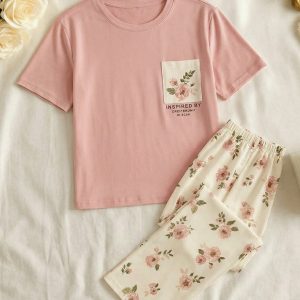 Pink Flower Printed Pocket Half Sleeves Shirt and White Flower Printed Trouser Night Wear