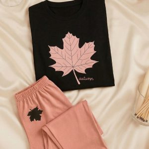 Leaf Printed Black Shirt And Pink Trouser