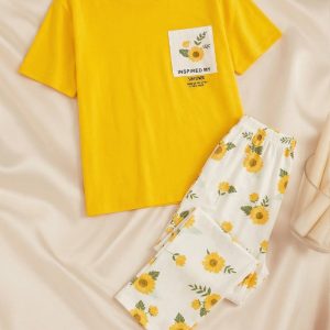 Yellow Flower Printed Pocket Half Sleeves Shirt and White Flower Printed Trouser Night Wear