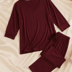 Maroon V-Neck Women Night Suit PJ Set