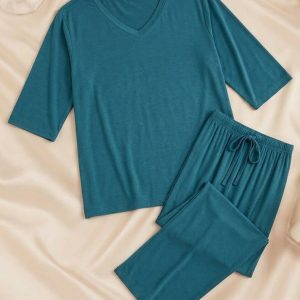 Persian Blue V-Neck Women Night Suit PJ Set