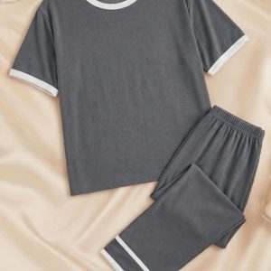 Grey White Round Neck Palazzo PJ Set