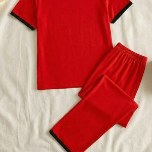 Plain Red Tshirt With Black Round Neck And Palazzo Pajama (Half Sleeve)