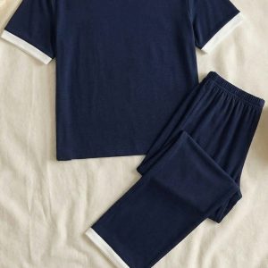 Dark Blue Tshirt With White Round Neck And Palazzo Pajama (Half Sleeve)