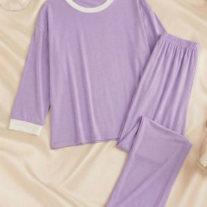 Purple White Round Neck Palazzo PJ Set