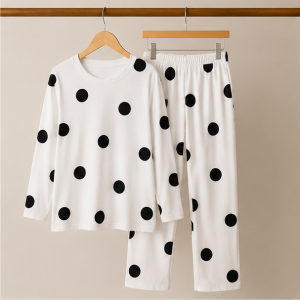 White Black Dotted Printed Night Suit